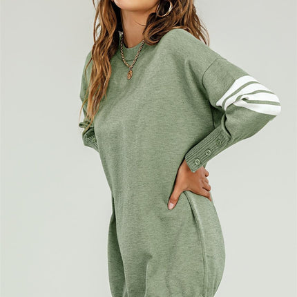 Knitted Tunic Jumper Dress With White Stripe In Olive