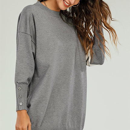 Knitted Tunic Jumper Dress With White Stripe In Grey