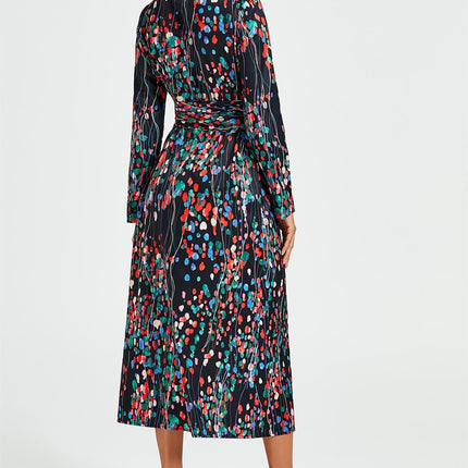 Abstract Floral Print Shirt Midi Wrap Dress In Black