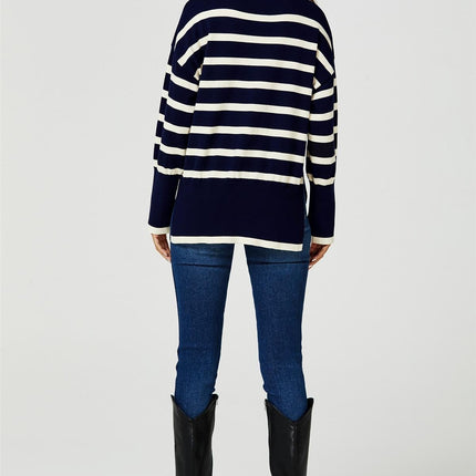 Stripes Pattern Turtleneck Jumper Top In Navy