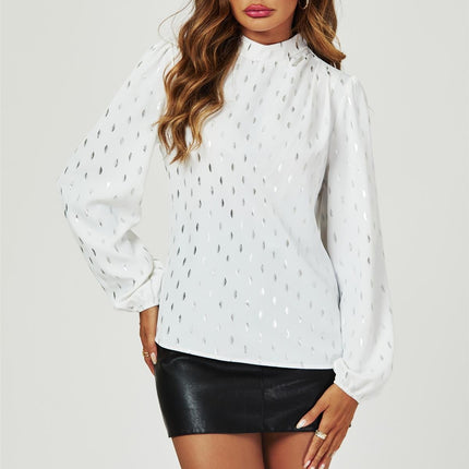 Silver Foil Long Sleeve High Neck Top In White