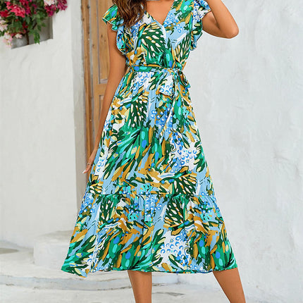 Floral Print Wrap Dress In Yellow & Green