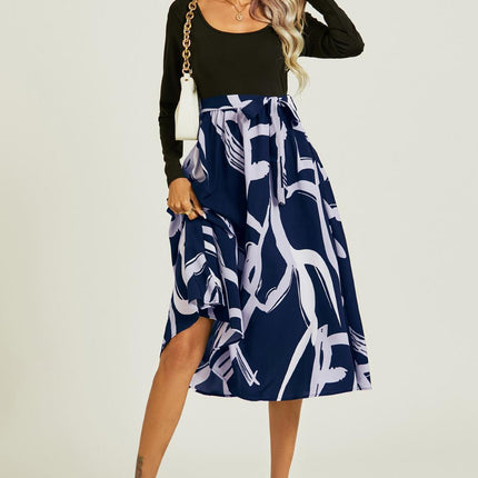 Printed 2 In 1 Midi Dress Long Sleeve Top In Navy