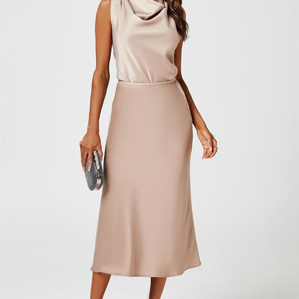 Satin High Neck Sleeveless Blouse In Light Brown