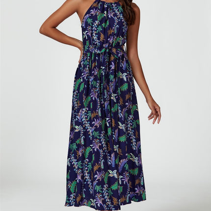 Floral Print Tie Halterneck Maxi Dress In Navy