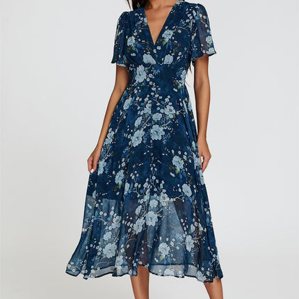 Floral Print Midi V neckline Dress In Navy