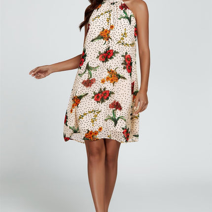 Floral Print Halter Neck Tie Back Mini Dress In Off White