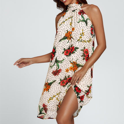 Floral Print Halter Neck Tie Back Mini Dress In Off White