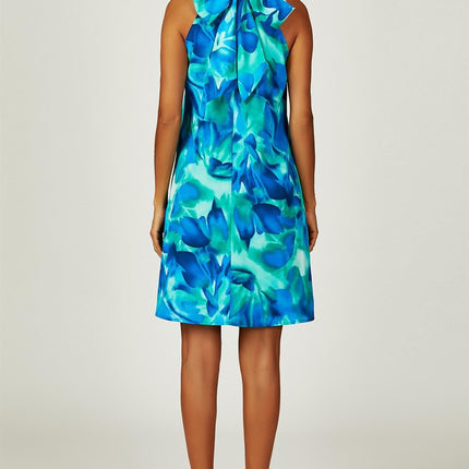Abstract Floral Print Halter Neck Tie Back Mini Dress In Blue