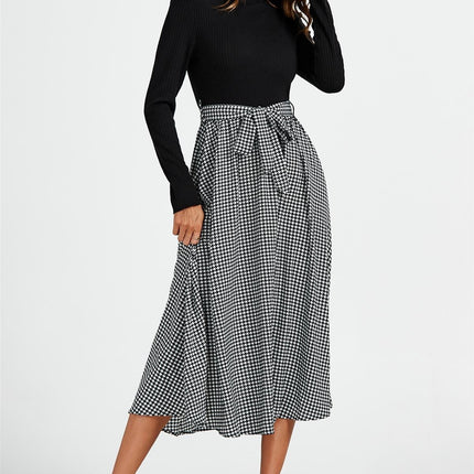 2 In 1 Black & White Houndstooth Printed Midi Dress