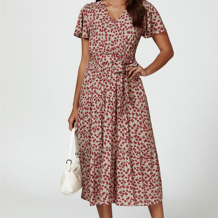 Pink Floral Print Wrap Midi Dress In Beige