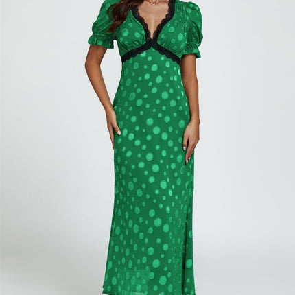 Polka Dot Jacquard Lace Trim Midi Dress In Green