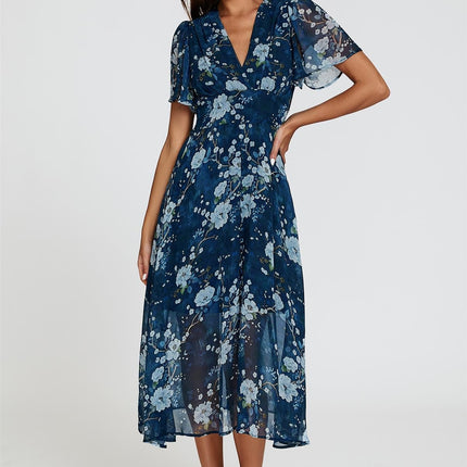 Floral Print Midi V neckline Dress In Navy