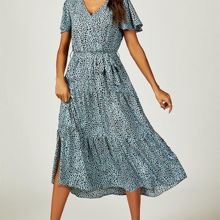 Leopard Print Hem Tiered Wrap Midi Dress In Blue