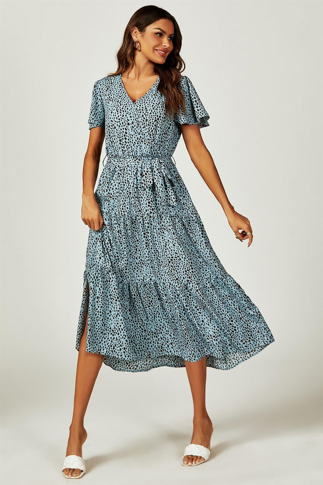 Leopard Print Hem Tiered Wrap Midi Dress In Blue