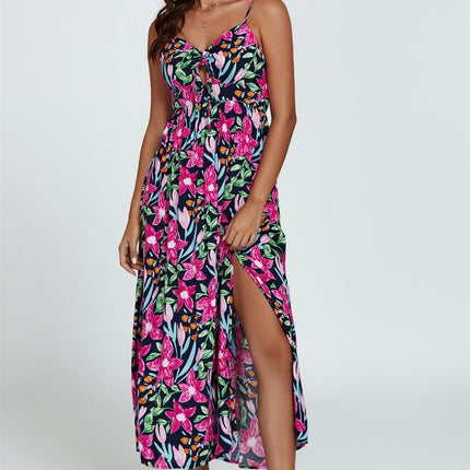 Floral Print Tie Front Maxi Dress In Black
