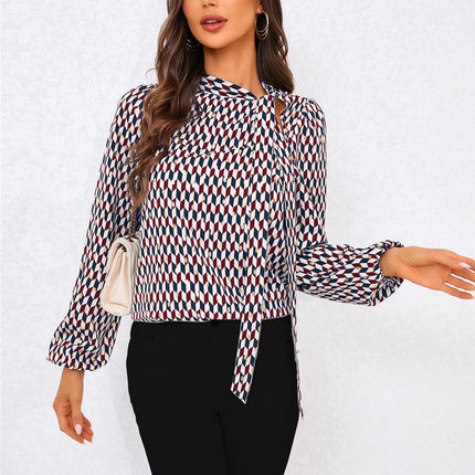 Geo Print Side Tie Blouse Top In Wine