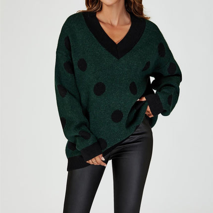 Wool Blended V Neck Jumper In Green & Black Polka Dot