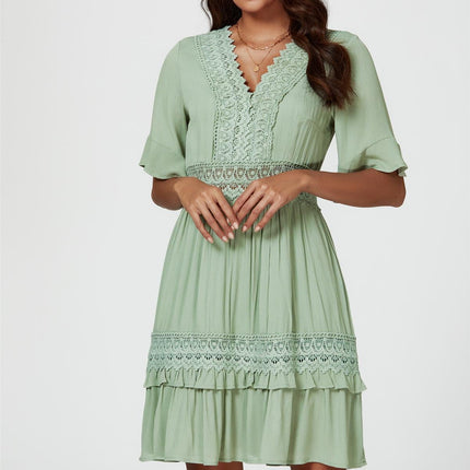 V Neck Lace Mini Dress In Green