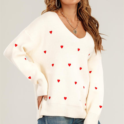 Embroidery Red Heart V Neck Jumper In Cream