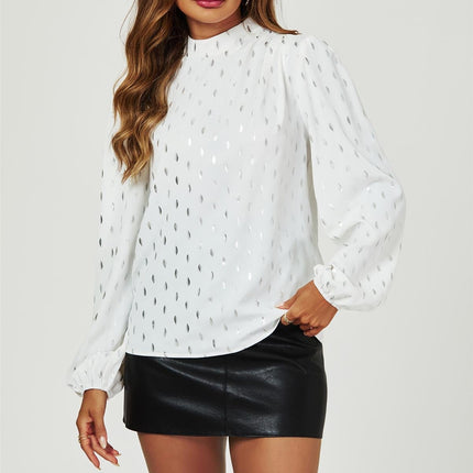 Silver Foil Long Sleeve High Neck Top In White