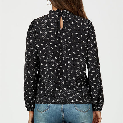 Bow Print Frill Detail High Neck Top In Black