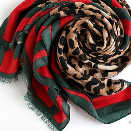 Leopard & Strip Print Fringed edges Scarf In Green & Red