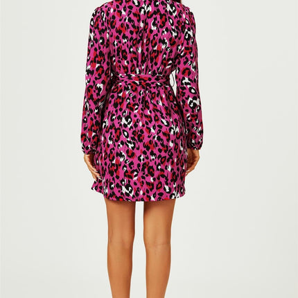 Leopard Print Wrap Top Mini Dress In Magenta
