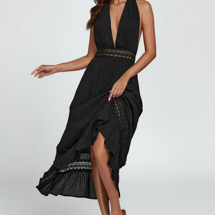 Lace Detail Adjustable Deep V Neckline Maxi Dress In Black