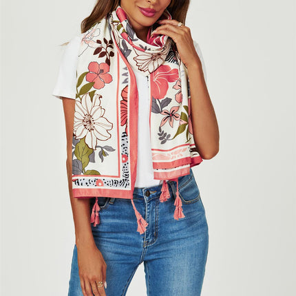 Tropical Floral Print Tassel Scarf In Pink