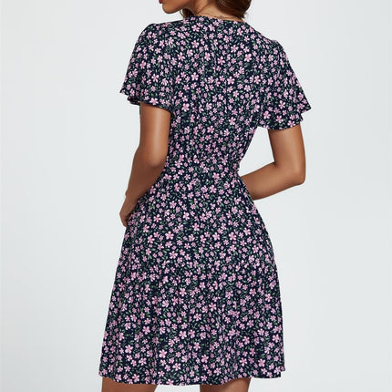 Floral Print Hem Tiered Wrap Mini Dress In Navy