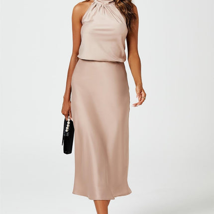 Satin Midi Skirt In Light Brown