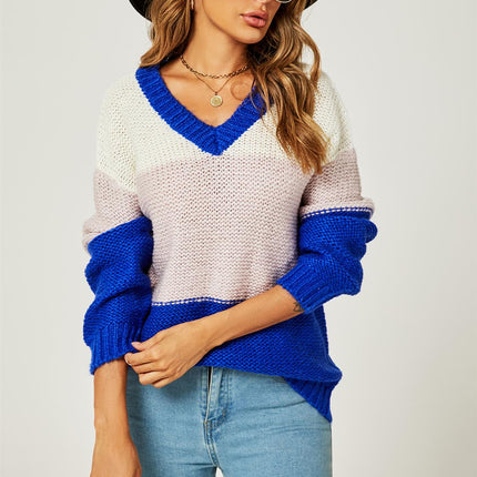 Stripe Block Colour Relaxed Knit Jumper Top In Blue & White