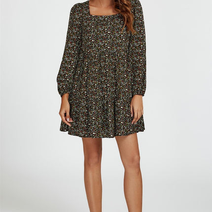 Little Floral Print Square Neck Mini Dress In Black