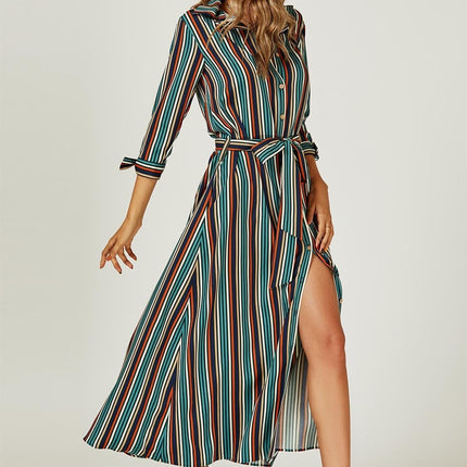 Stripe Print Maxi Shirt Dress In Navy