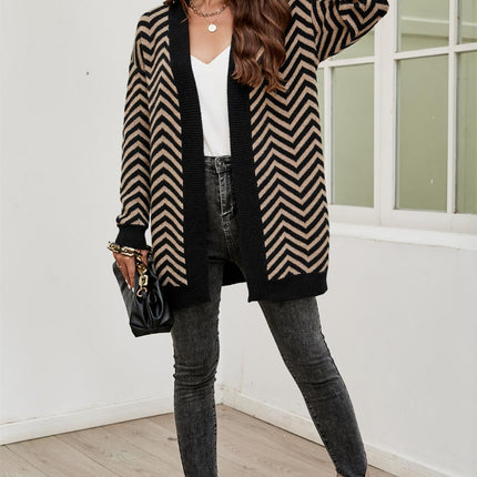 Relaxed Geometric Intarsia Cozy Soft Cardigan In Beige & Black