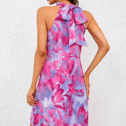 Abstract Floral Print Halter Neck Tie Back Mini Dress In Pink