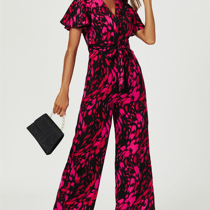 Pink Abstract Print Wrap Top Jumpsuit In Black
