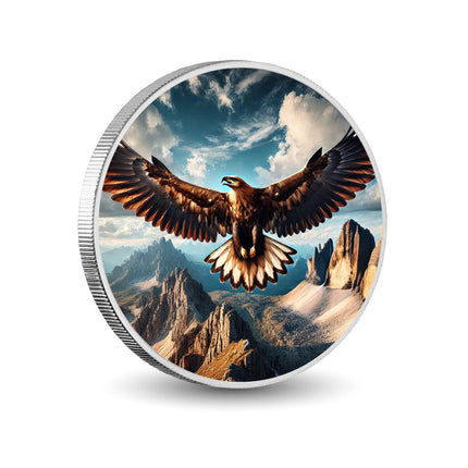 Majestic Soar: Eagle Over Mountain Peaks Coloured Coin