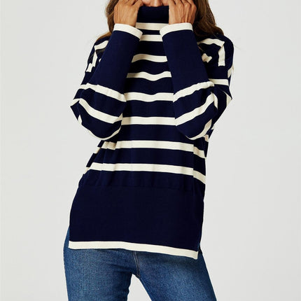 Stripes Pattern Turtleneck Jumper Top In Navy