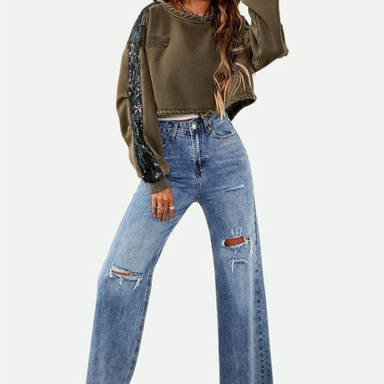 Oversized Sequin Detail Cropped Sweatshirt In Khaki