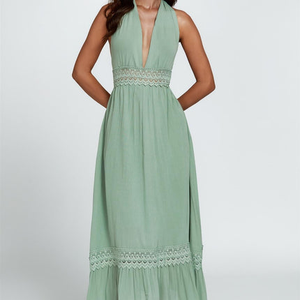 Lace Detail Adjustable Deep V Neckline Maxi Dress In Green