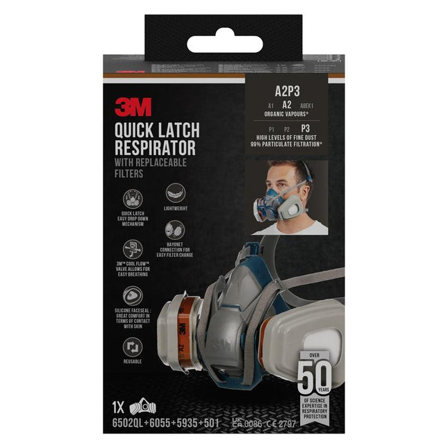 3M™ Quick Latch-Atemschutzmaske 6502QLKIT-1 mit austauschbaren Filtern, A2P3 organische Dämpfe (1x6502, 2x6055, 2x5935, 2x501) | Packung (1 Stück)