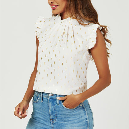 Gold Foil Frill Trim Sleeve High Neck Blouse Top In Cream