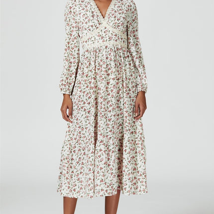 Floral Print Long Sleeve Midi Dress In White