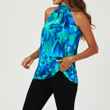 Abstract Floral Print Halter Neck Tie Back Top In Blue