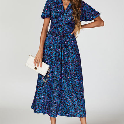 Animal Print Angel Sleeve Twist Midi Dress In Blue