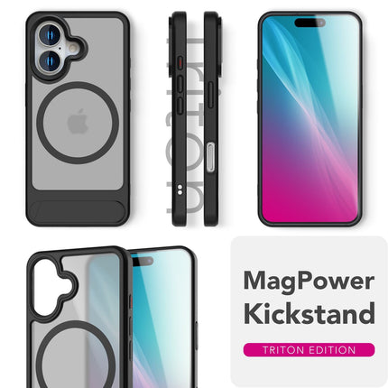 NALIA Triton für iPhone 16 Hülle [für MagSafe], Transparent Matt mit Stoßschutz, Kickstand zum Aufstellen, Integrierter Magnetring, Kamera Schutzrand, Rutschfest - Titan Schwarz