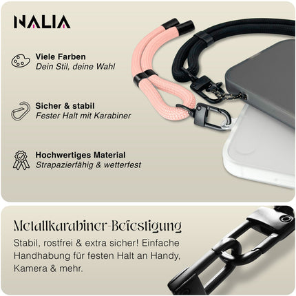 NALIA Wristy Universal Lanyard Handy-Kette für Smartphone & Handyhüllen, Handgelenk-Schlaufe mit Metallkarabiner, Verstellbares Trageband, Anti-Diebstahl Handyband