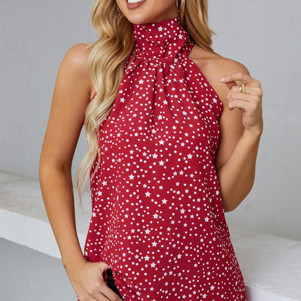 White Star Print Halter Neck Tie Back Top In Red